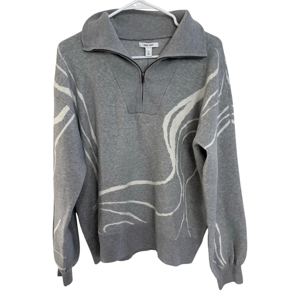 Nine West Womens White Abstract Pattern Gray Quarter-Zip Sweater